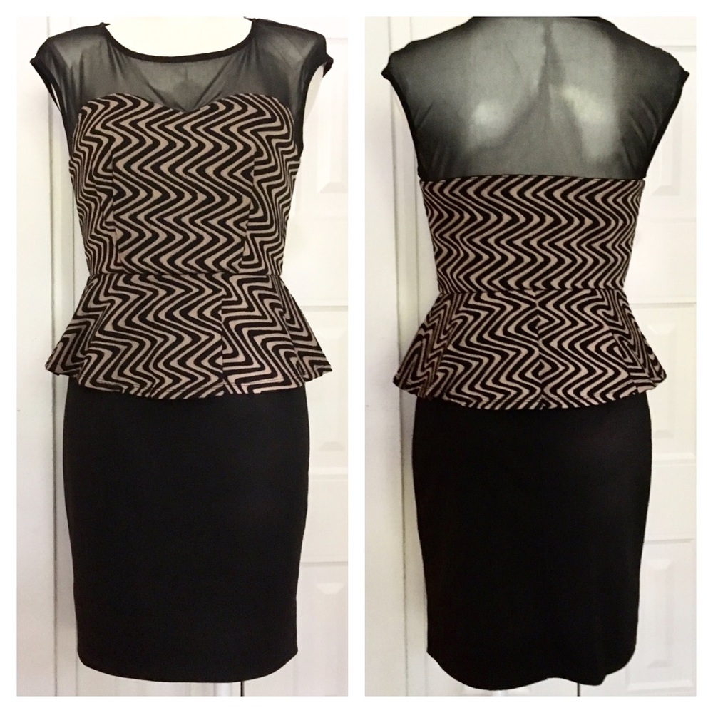EN FOCUS STUDIO black & tan peplum dress w/ mesh - Picture 1 of 6